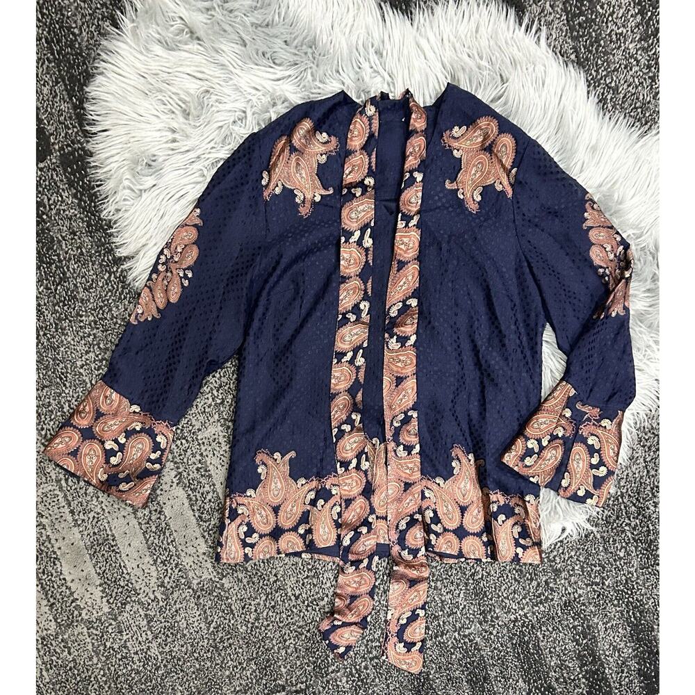 Chico's Women's Navy Paisley Tie Blouse Size Large